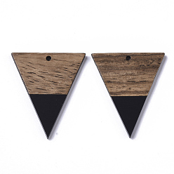Black Resin & Walnut Wood Pendants, Triangle, Black, 37.5x31x3mm, Hole: 1.8mm