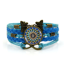 Dodger Blue PU Leather Multi-strand Bracelet, Glass Mandala & Alloy Butterfly Links Bracelet for Women, Dodger Blue, 6-3/4 inch(17cm)