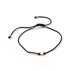 Golden Adjustable Nylon Thread Braided Bead Bracelets, with Brass Beads, Love Heart for Women, Golden, 3-5/8 inch(92mm)
