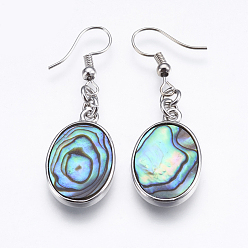 Platinum Abalone Shell/Paua Shell Dangle Earrings, with Brass Findings, Oval, Platinum, 48mm, Pin: 0.7mm