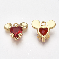 Red Brass Charms, with Glass, Mouse, Nickel Free, Real 18K Gold Plated, Red, 12.5x13.5x4mm, Hole: 1.5mm
