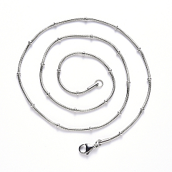 Stainless Steel Color 304 Stainless Steel Round Snake Chain Necklace, with Rondelle Beads and Lobster Claw Clasp, Stainless Steel Color, 19.68 inch(50cm)x0.9mm