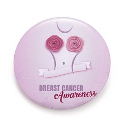 Flor Broche de hojalata del mes de concientización sobre el cáncer de mama, insignia redonda plana rosa para bolsas de ropa chaquetas, Platino, patrón de rosa, 44x7 mm