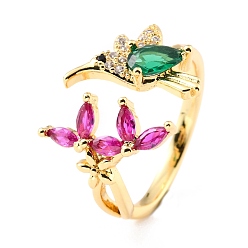Colorful Brass Micro Pave Cubic Zirconia Cuff Rings, Open Rings, Bird & Flower, Real 18K Gold Plated, Colorful, US Size 5 3/4(16.3mm), 2~15mm