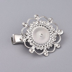 Platinum Hair Accessories Iron Alligator Hair Clip Findings, with Brass Filigree Flower Cabochon Bezel Settings, Platinum, Tray: 12mm, 34.5mm, Flower: 28mm