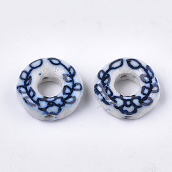 Marine Blue Handmade Porcelain Bead Frame Beads, Blue and White Porcelain, Donut with Leaf, Marine Blue, 19x6.5mm, Hole: 1.6mm