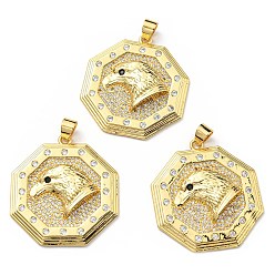 Real 18K Gold Plated Brass with Cubic Zirconia Pendants, Long-Lasting Plated, Lead Free & Cadmium Free, Octagon with Eagle, Real 18K Gold Plated, 35x32x6.3mm, Hole: 4x5mm