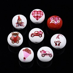 Mixed Shapes Perles en bois imprimées sur le thème de la saint valentin, ronde, couleur mixte, formes mixtes, 15.5~16x15mm, Trou: 3.5mm