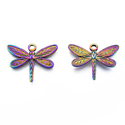 Rainbow Color Ion Plating(IP) 201 Stainless Steel Pendants, Dragonfly, Rainbow Color, 20x25x2mm, Hole: 2mm