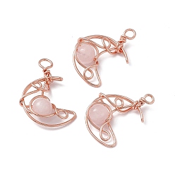 Rose Quartz Natural Rose Quartz Pendants, Moon Charms, with Rack Plating Rose Gold Tone Brass Findings, Cadmium Free & Lead Free, 31.5~33x22x8.5mm, Hole: 2.5~3mm