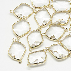 Clear Glass Links connectors, with Golden Tone Brass Findings, Faceted, Rhombus, Clear, 27.5x19x6mm, Hole: 1.5mm