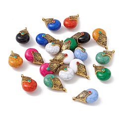 Mixed Color Tibetan Style Alloy Imitation Beeswax Resin Pendants, Antique Golden, Teardrop, Mixed Color, 28x16x14mm, Hole: 2mm