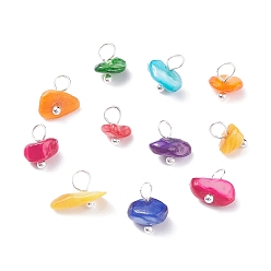 Silver Natural Chip Dyed Shell Charms, with Brass Loops, Mixed Colors, Silver, 8~9x5~10x4.5~7mm, Hole: 3.5mm