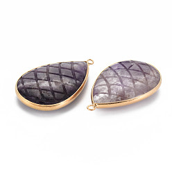 Amethyst Natural Amethyst Pendants, with Light Gold Plated Brass Findings, Teardrop, 50~51x31~31.5x10mm, Hole: 2mm
