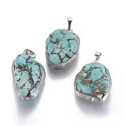 Turquoise Turquoise Pendants, with Platinum Tone Brass Findings, Nuggets, 31~35.5x21~23.5x14~15mm, Hole: 8x5mm
