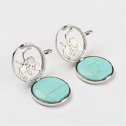 Synthetic Turquoise Synthetic Turquoise Pendants, with Brass Diffuser Locket Findings, Flat Round with Angel, 31x26x8mm, Hole: 4mm