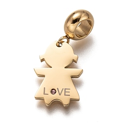 Golden 304 Stainless Steel European Dangle Charms, Large Hole Pendants, with Light Rose Rhinestone, for Valentine's Day, Girl & Word Love, Golden, 25mm, Hole: 4.5mm, Pendant: 16.5x11.5x1.5mm