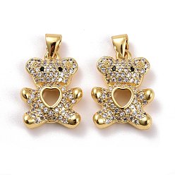 Clear Brass Micro Pave Cubic Zirconia Pendants, Real 18K Gold Plated, Lead Free & Cadmium Free, Bear with Hollow Heart, Clear, 19.5x14.5x4mm, Hole: 4x3.5mm