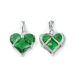 Green Brass Micro Pave Cubic Zirconia Charms, Heart Charm, Real Platinum Plated, Green, 14.5x13.5x5mm, Hole: 3x2.5mm