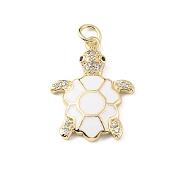 White Rack Plating Brass Micro Pave Cubic Zirconia Pendants, with Enamel & Jump Ring, Cadmium Free & Lead Free, Long-Lasting Plated, Real 18K Gold Plated, Sea Turtle Charm, White, 22.5x17x3mm, Hole: 3.2mm