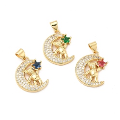 Mixed Color Brass Micro Pave Cubic Zirconia Pendants, Moon with Bear & Star Charm, Golden, Mixed Color, 20.5x16x4mm, Hole: 5x3.5mm