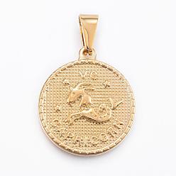 Capricorn Real 18K Gold Plated 304 Stainless Steel Pendants, Flat Round with Twelve Constellation/Zodiac Sign, Capricorn, 29x25x3.2mm, Hole: 9x4.5mm