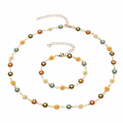 Colorful Daisy Link Chain Necklaces & Bracelets Jewelry Sets, with Brass Enamel Links, Curb Extension Chain & Lobster Claw Clasps, Golden, Colorful, 17 inch(43.1cm), 7-1/4 inch(18.5cm)