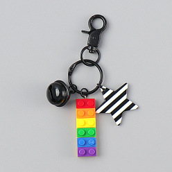 Negro Llaveros de bloques de construcción de plástico con bandera del orgullo/bandera del arco iris, llavero campana, llavero de estrella rayada con cierre de pinza de langosta, negro, 48x16 mm