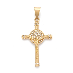 Golden Easter 304 Stainless Steel Big Pendants, with Crystal Rhinestone, Crucifix Cross, Golden, 54.5x33.5x6.5mm, Hole: 6.5x12mm