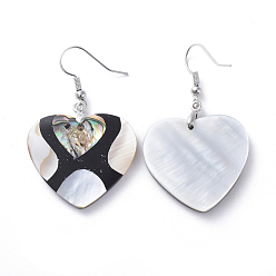 Platinum Black Lip Shell & Abalone Shell/Paua Shell Dangle Earrings, with Brass Ice Pick Pinch Bails and Earring Hooks, Heart, Platinum, 47mm, Pin: 0.7mm