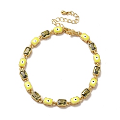 Jaune Bracelet chaîne à maillons rectangulaires en émail mauvais œil et zircone cubique, bijoux en laiton doré pour femme, jaune, 7-1/4 pouce (18.5 cm)