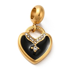 Black Ion Plating(IP) 304 Stainless Steel Enamel European Dangle Charms, Large Hole Pendants with Crystal Rhinestone, Heart, Golden, Black, 25mm, Pendant: 16x14x3mm, Hole: 4.5mm