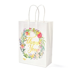 Flower Gold Stamping Rectangle Paper Bags, with Handle, for Gift Bags and Shopping Bags, Word Thank you, Floral Pattern, 14.9x8.1x21cm