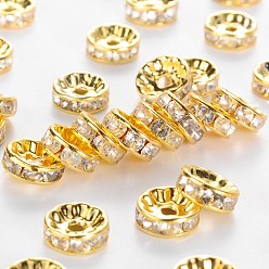Golden Brass Rhinestone Spacer Beads, Grade B, Clear, Golden Metal Color, Size: about 10mm in diameter, 4mm thick, hole: 2mm
