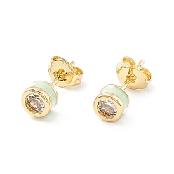 Honeydew Column Cubic Zirconia Stud Earrings with Enamel, Real 18K Gold Plated Brass Earrings for Women, Cadmium Free & Nickel Free & Lead Free, Honeydew, 14.5x5mm, Pin: 0.6mm