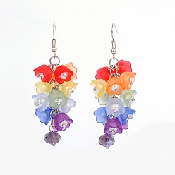 Colorful Flower Acrylic Cluster Earrings, with Glass Pearl Beads, Glass Beads and Brass Earring Hooks, Colorful, 63mm, Pin: 0.7mm
