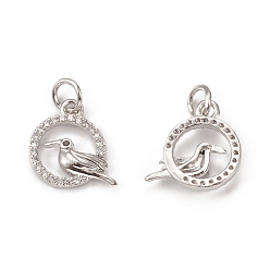 Platinum Brass Micro Pave Cubic Zirconia Bird Charms, with Jump Ring, Ring & Toucan Charm, Platinum, 13x12x2mm, Hole: 3mm