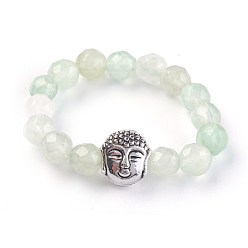 Green Aventurine Natural Green Aventurine Stretch Rings, with Alloy Buddha Beads, Faceted, Round, Antique Silver, Size 8, 18mm