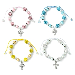 Mixed Color Cross Alloy Rhinestone Pendant Bracelet for Women, Glass Pearl & Polymer Clay Rhinestone Braided Bead Bracelets, Mixed Color, Inner Diameter: 1-3/4~3-3/8 inch(4.5~8.5cm)