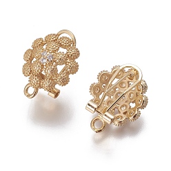 Golden Brass Micro Pave Cubic Zirconia Stud Earring Findings, French Clip Earrings, with Loop, Flower, Clear, Golden, 19x14.5x12mm, Hole: 1.8mm, Pin: 0.7mm