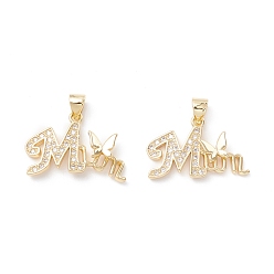 Real 18K Gold Plated Mother's Day Theme Brass Micro Pave Clear Cubic Zirconia Pendants, Word Shapes, Real 18K Gold Plated, 15.5x23x3mm, Hole: 3.5x4mm