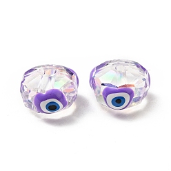 Azul Violeta Perlas de vidrio transparentes, con esmalte, facetados, rondelle con patrón de mal de ojo, Violeta Azul, 10x7.5 mm, agujero: 1.5 mm