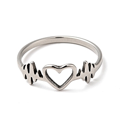 Stainless Steel Color 201 Stainless Steel Heart Beat Finger Ring for Valentine's Day, Stainless Steel Color, US Size 6 1/2(16.9mm)