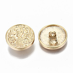 Real 18K Gold Plated Brass Shank Buttons, Nickel Free, Flat Round with Flower, Real 18K Gold Plated, 17x6mm, Hole: 2mm
