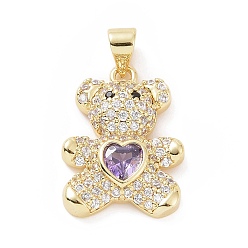 Lilac Brass Micro Pave Cubic Zirconia Pendants, with Glass, Bear with Heart Charm, Golden, Lilac, 20.5x15x5mm, Hole: 5.5x3.5mm