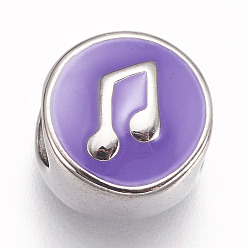 Stainless Steel Color 304 Stainless Steel European Beads, with Enamel, Large Hole Beads, Flat Round with Musical Note, Purple, Stainless Steel Color, 11x8mm, Hole: 5mm