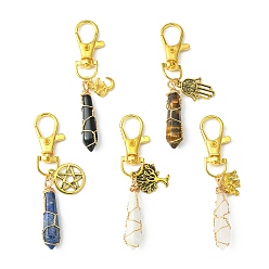 Mixed Stone Wire Wrapped Gemstone Bullet Pendant Decoration, with Alloy Swivel Lobster Claw Clasps and Elephant/Tree/Hamsa Hand/Star Pendants, 74~77mm