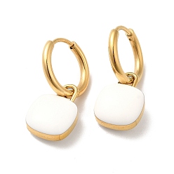 White Enamel Square Padlock Dangle Hoop Earrings, Golden 304 Stainless Steel Jewelry for Women, White, 24mm, Pin: 1mm