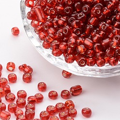 Rouge 12/0 perles de rocaille de verre, trou rond argenté, ronde, rouge, 12/0, 2mm, Trou: 1mm, environ3333 pcs / 50 g, 50 g / sac, 18sacs/2livres