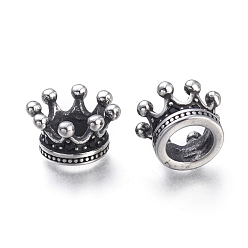 Argent Antique 304 acier inoxydable perles européennes, Perles avec un grand trou   , avec des perles zircons, couronne, argent antique, 11x7mm, Trou: 6mm